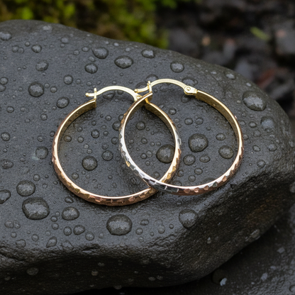 GER75. 14K Gold Diamond Cut Tri-Color Hollow Hoop Earrings