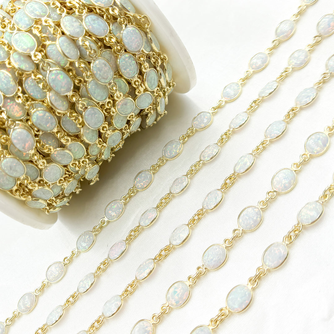 CWO15. White Opal Oval Shape Bezel Gold Plated Wire Chain