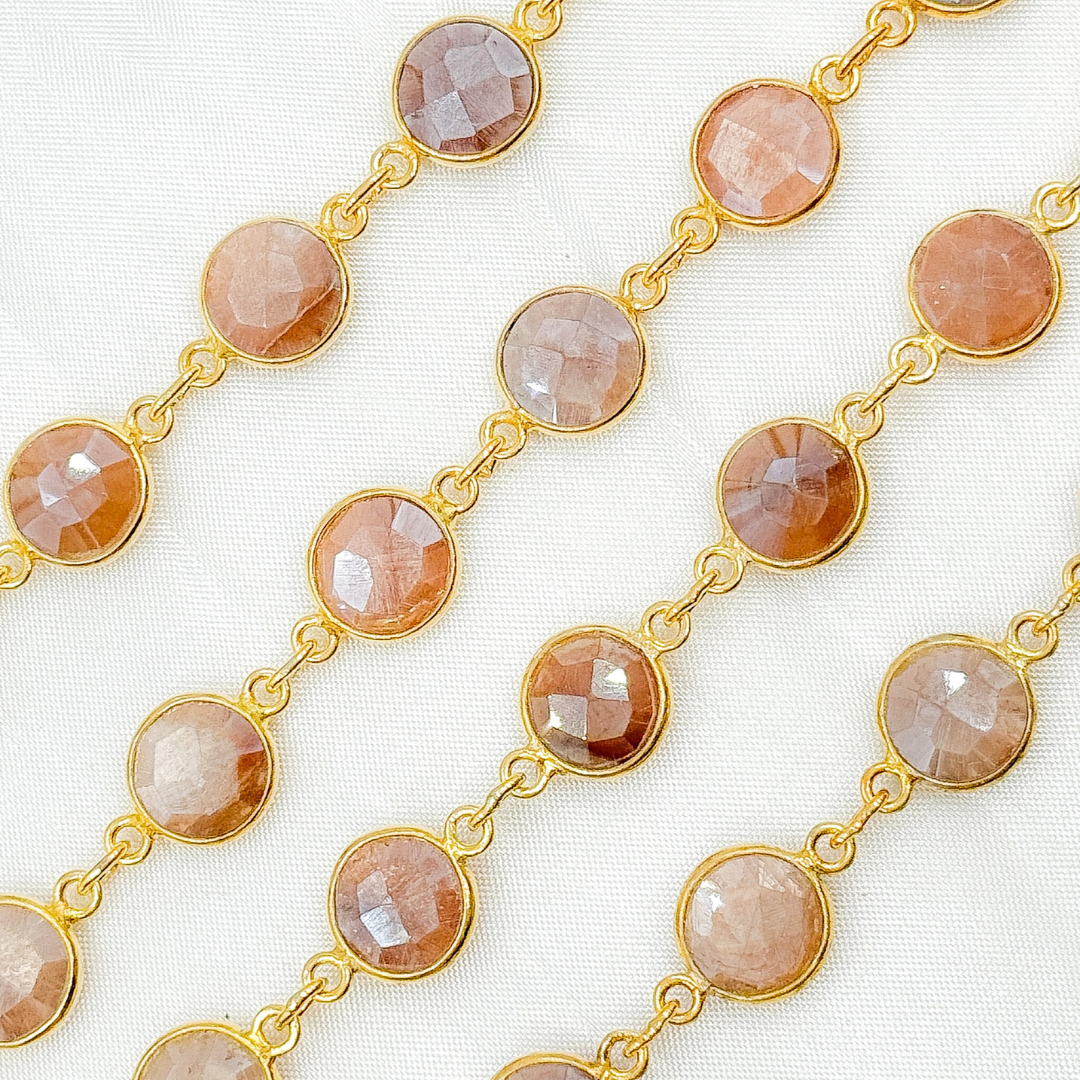 Coated Peach Moonstone Round Shape Bezel Gold Plated Wire Chain.