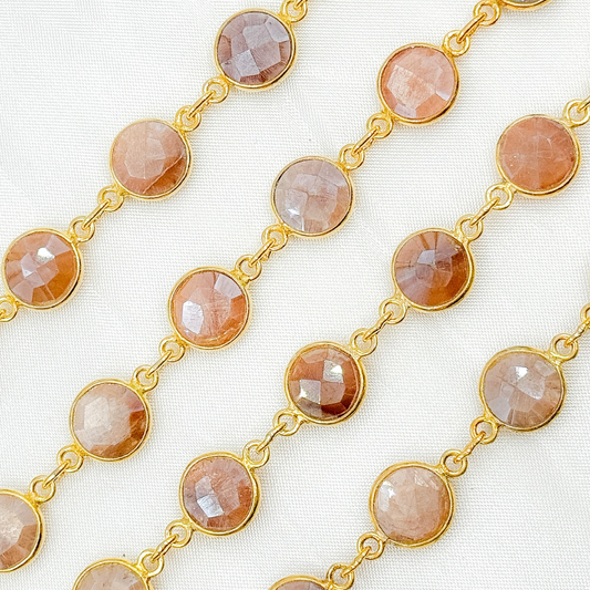 Coated Peach Moonstone Round Shape Bezel Gold Plated Wire Chain.