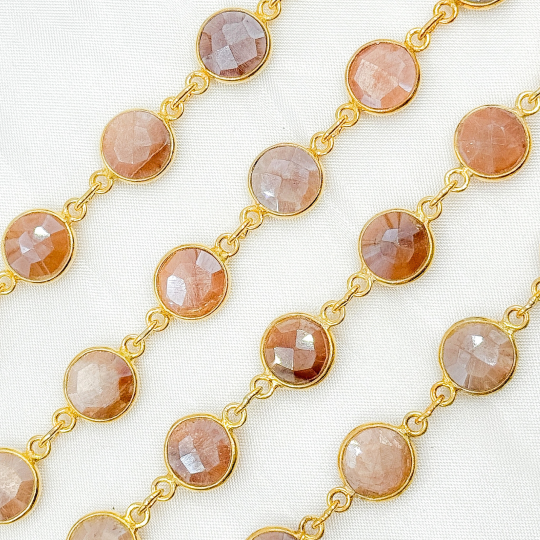 Coated Peach Moonstone Round Shape Bezel Gold Plated Wire Chain. CMS4