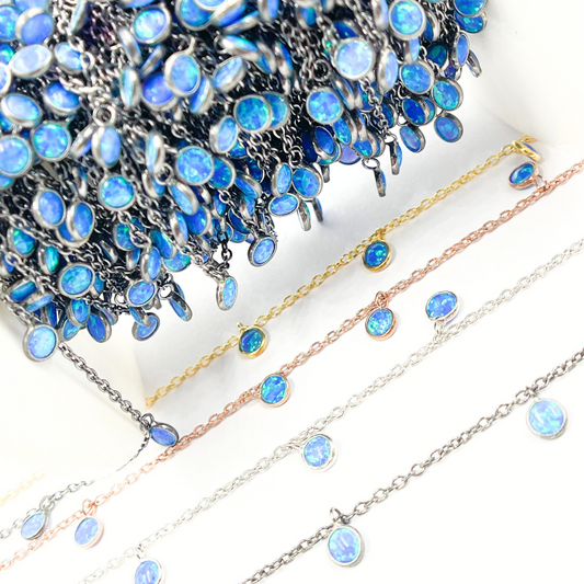 Created Blue Opal Round Shape Dangle Chain.