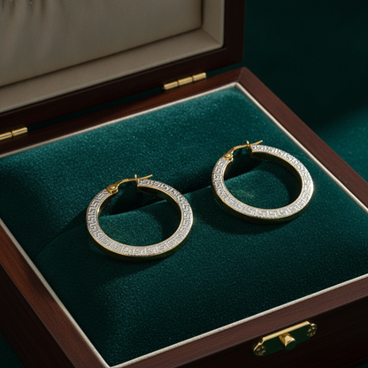 GER40. 14K Yellow and White Gold Earrings Round Shape Hoop with Texture