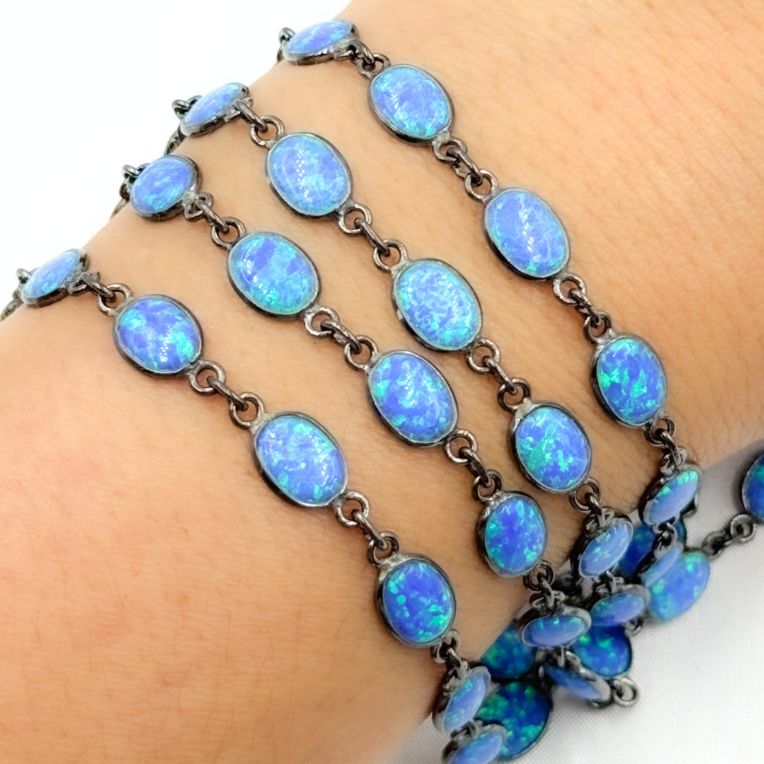 Created Blue Opal Oval Shape Connected Chain.