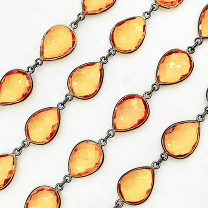 Hydro Quartz Citrine Color Pear Shape Bezel Oxidized Wire Chain.