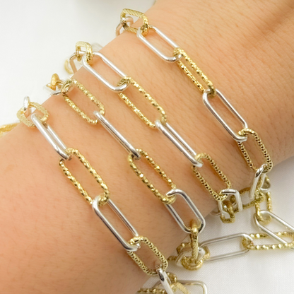 Gold Plated Sterling Silver Smooth & Diamond Cut Paperclip Chain