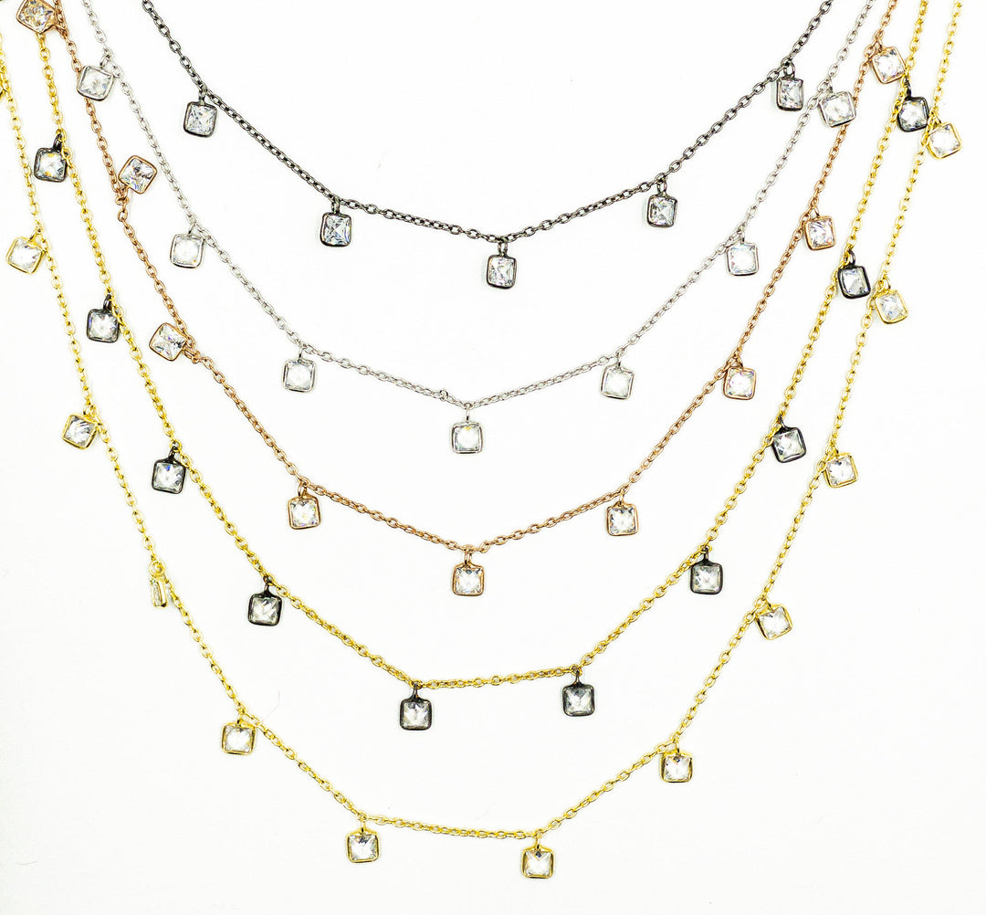 CZ2. 4mm Cubic Zirconia Square Shape Dangle Chain