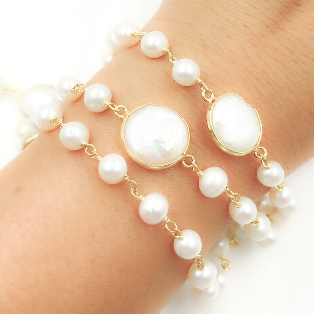 White Freshwater Pearl Organic and Bezel Round Shape Wire Wrap Chain