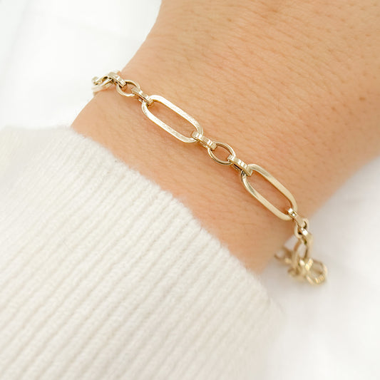 14K Solid Hollow Gold Flat Long & Short Oval Link Bracelet