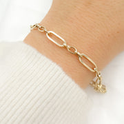 14K Solid Hollow Gold Flat Long & Short Oval Link Bracelet
