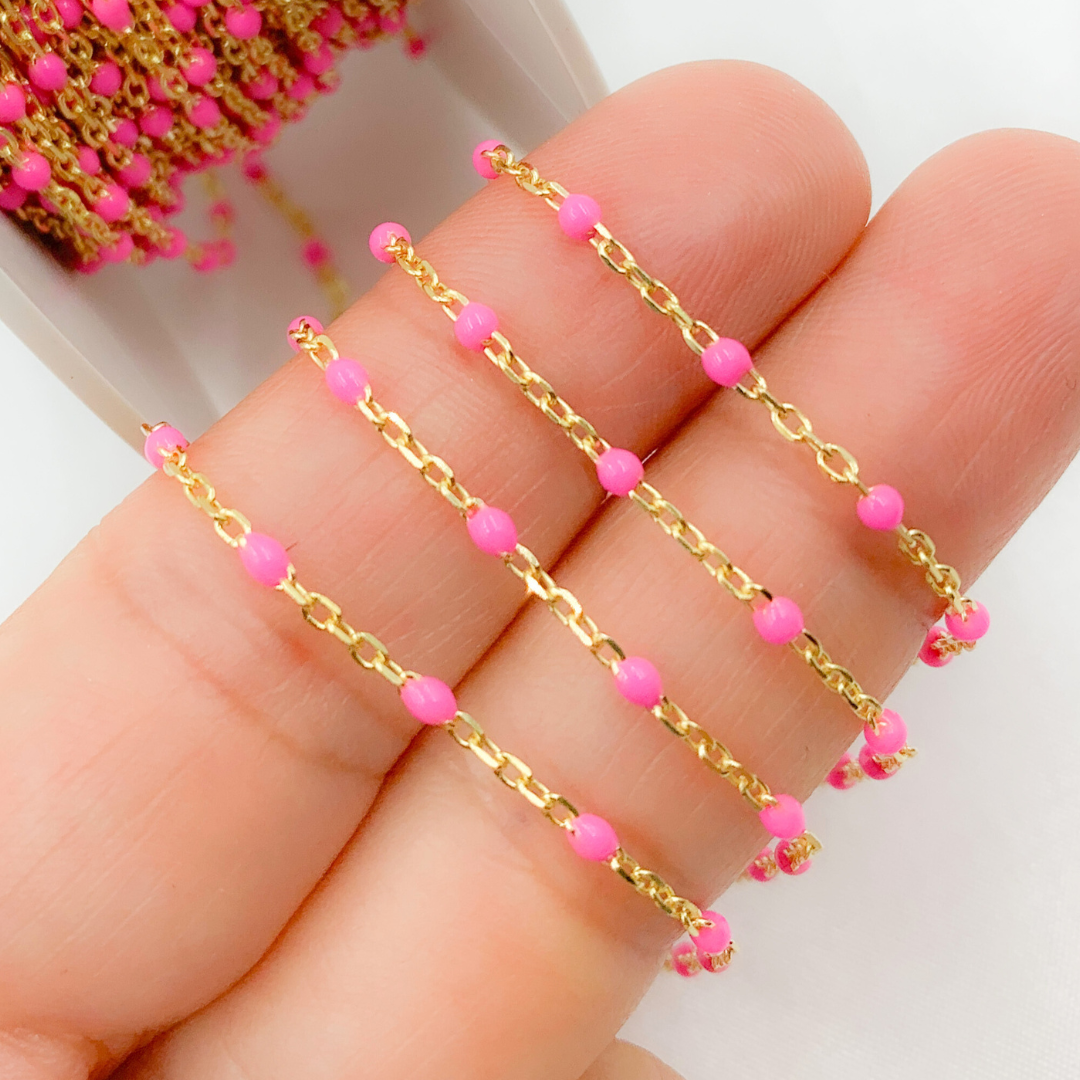 Gold Plated Sterling Silver Enamel Pink Color Cable Chain