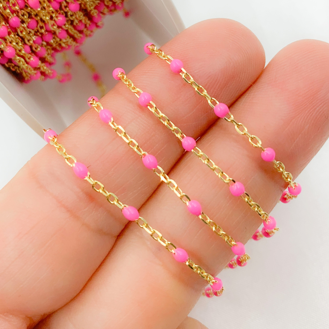 Gold Plated Sterling Silver Cable Chain with Pink Color Enamel. V203PKGP