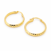 GER59. 14K Gold Diamond Cut Hollow Hoop Earrings