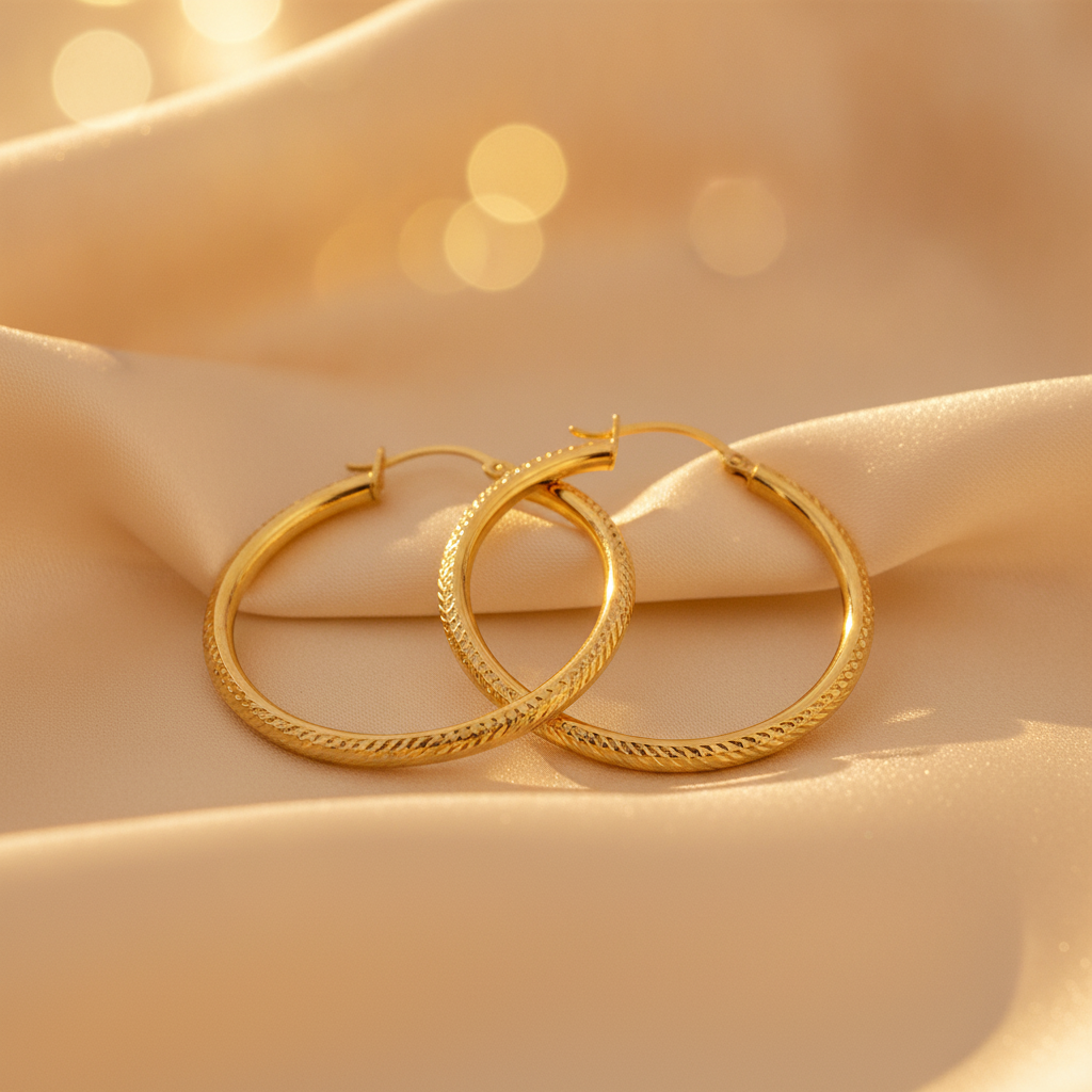 GER67. 14K Gold Hollow Hoop Earrings with Engraved Tornado Design