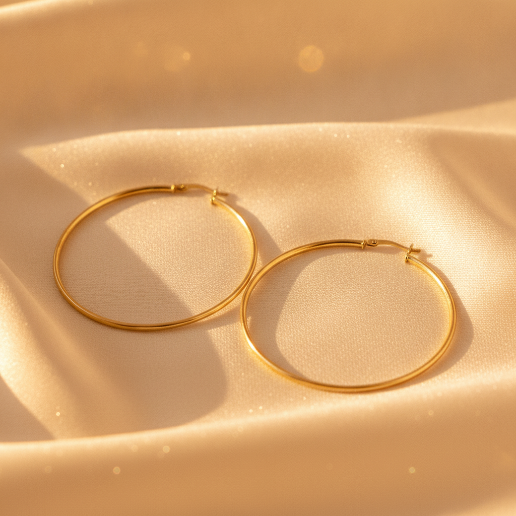 GER159. 14K Gold Hollow Smooth Hoop Earrings