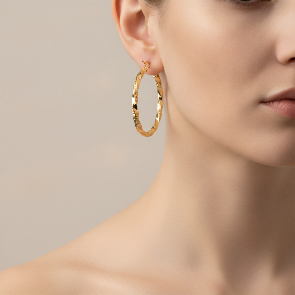 GER181. 14K Solid Gold Twisted Hollow Hoop with Engraved