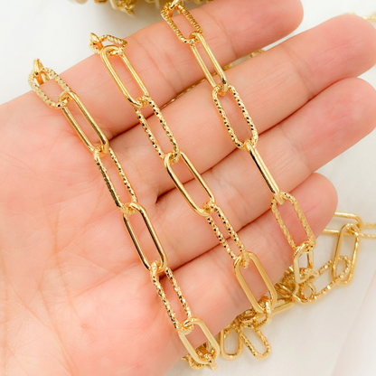 Gold Plated 925 Sterling Silver Smooth & Dimond Cut Link Paperclip Chain