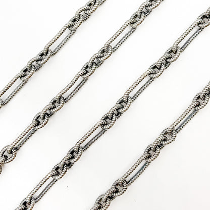569OX. Oxidized Sterling Silver Twisted Oval and 3-Round Links Chain