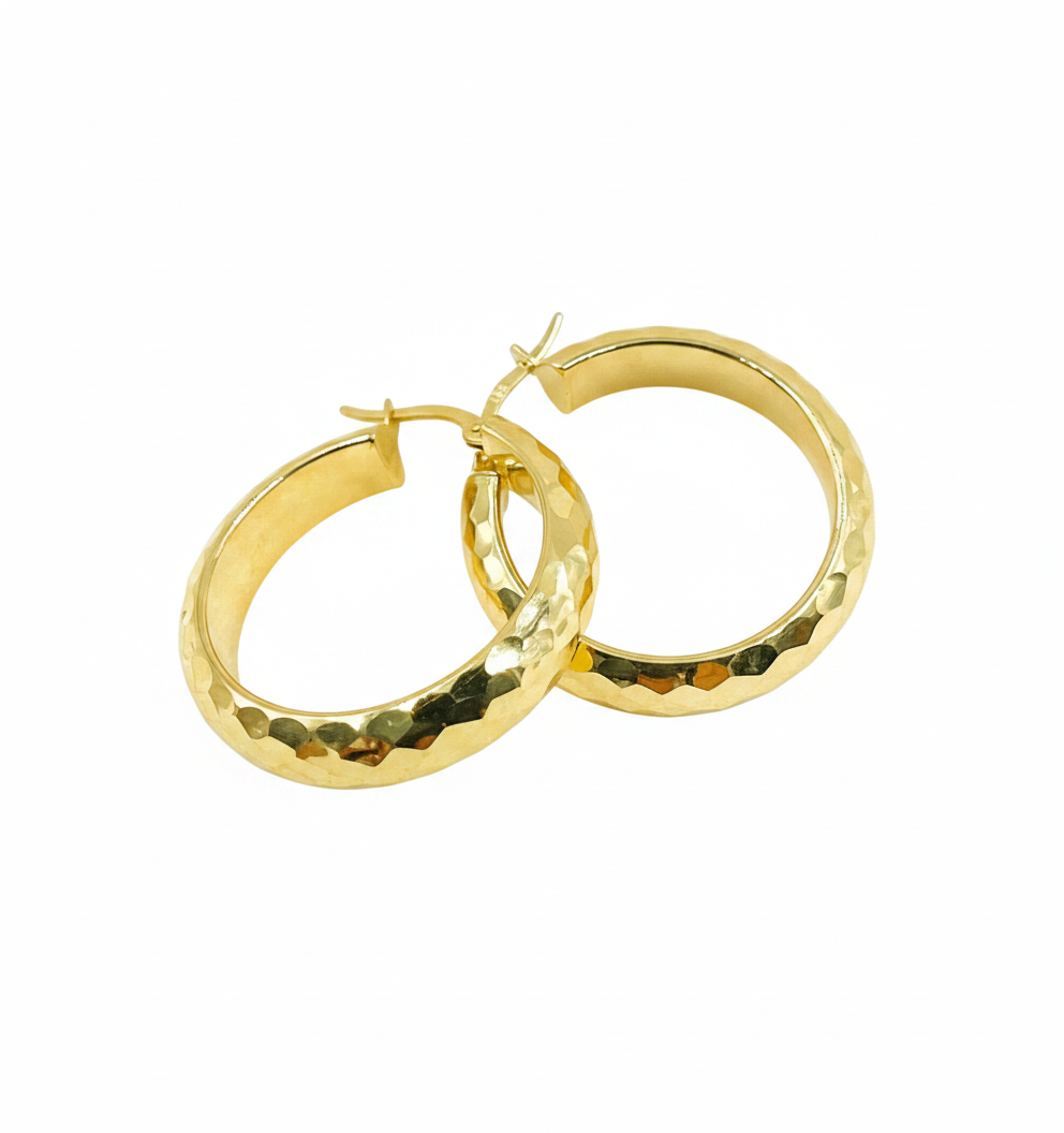 GER5. 14K Solid Gold Hollow Hoop Earrings