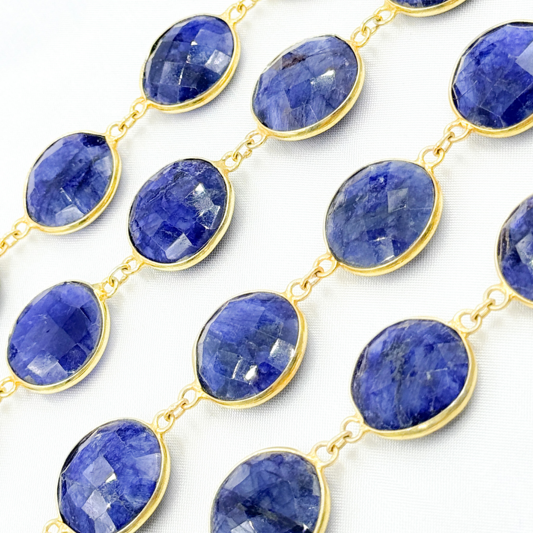 Dyed Sapphire Round Shape Bezel Gold Plated Wire Chain.