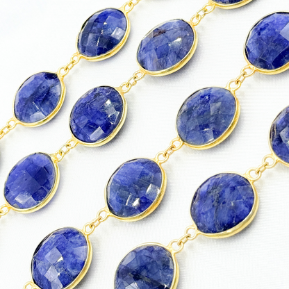 Dyed Sapphire Round Shape Bezel Gold Plated Wire Chain.