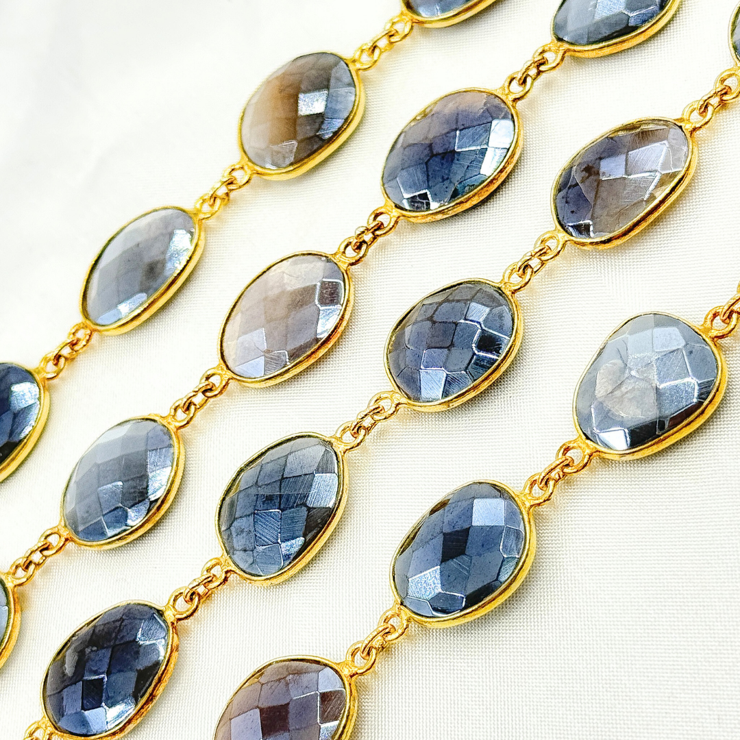 Coated Grey Moonstone Organic Shape Bezel Gold Plated Wire Chain. CMS28