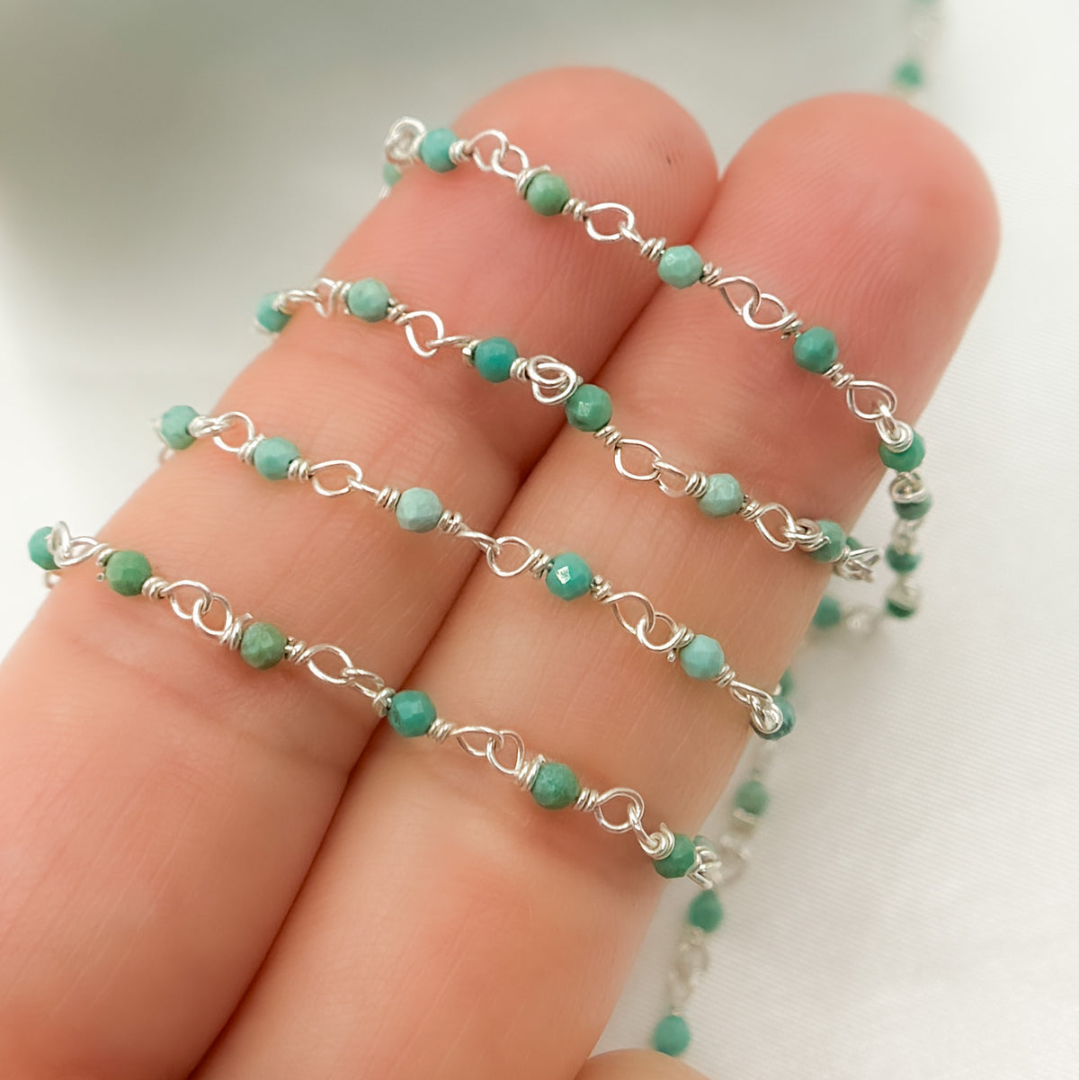 Green Turquoise Rondel Shape Sterling Silver Wire Chain
