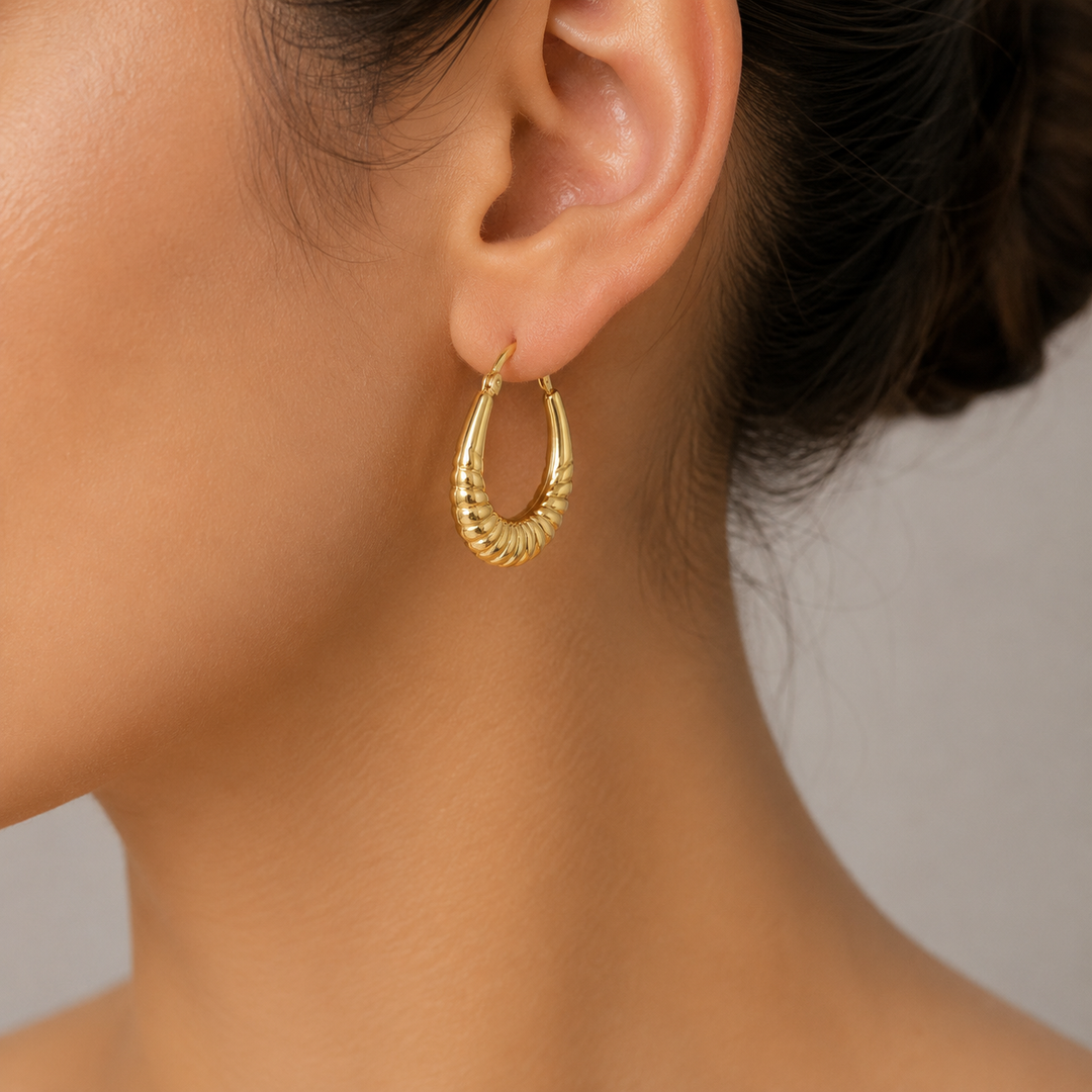 GER177. 14K Solid Gold Croissant Hoops