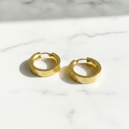 GER105. 14K Solid Gold Flat Diamond Cut Hollow Hoop Earrings