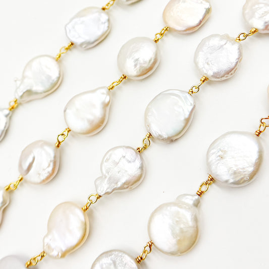 Coin Shape Freshwater Pearl with Gold Plated Sterling Silver Chain