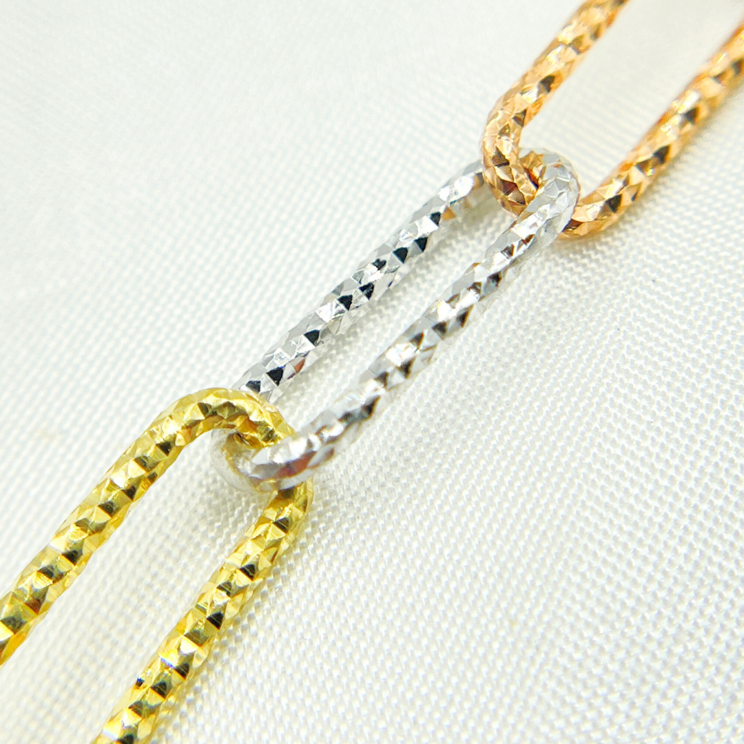 925 Sterling Silver Gold Plated, White Silver & Rose Plated Paperclip Diamond Cut Link Chain. V10GSR