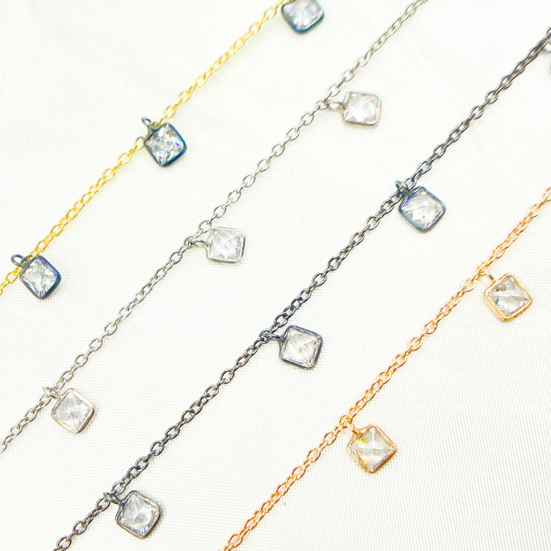 CZ2. 4mm Cubic Zirconia Square Shape Dangle Chain
