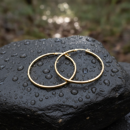 GER159. 14K Gold Hollow Smooth Hoop Earrings