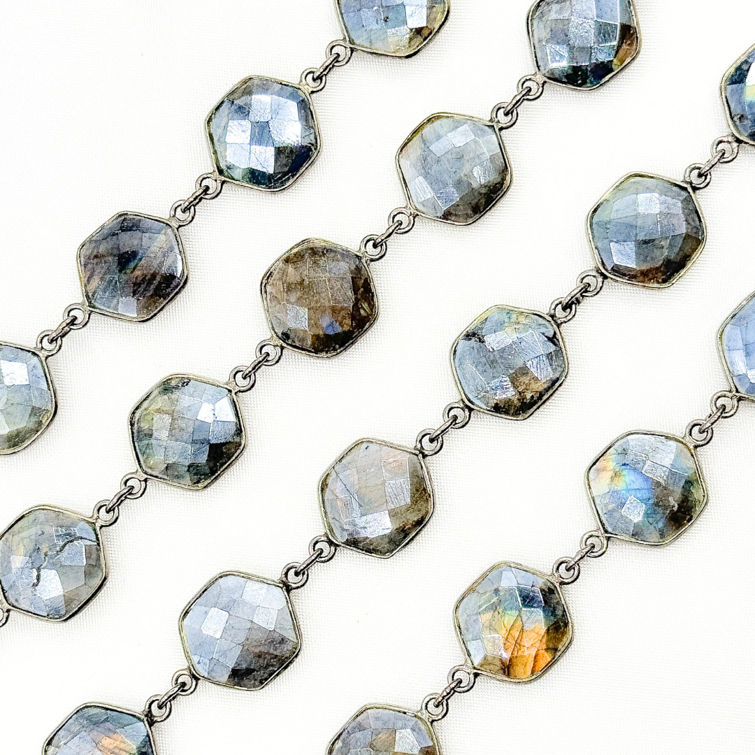 Coated Labradorite Hexagon Shape Bezel Oxidized Wire Chain. CLB8