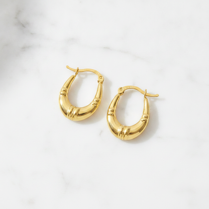 GER179. 14K Solid Gold Textured Hollow Hoops Earrings