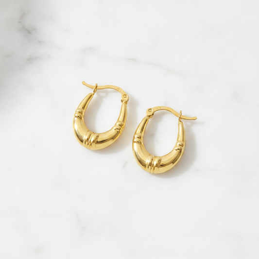 GER179. 14K Solid Gold Textured Hollow Hoops Earrings