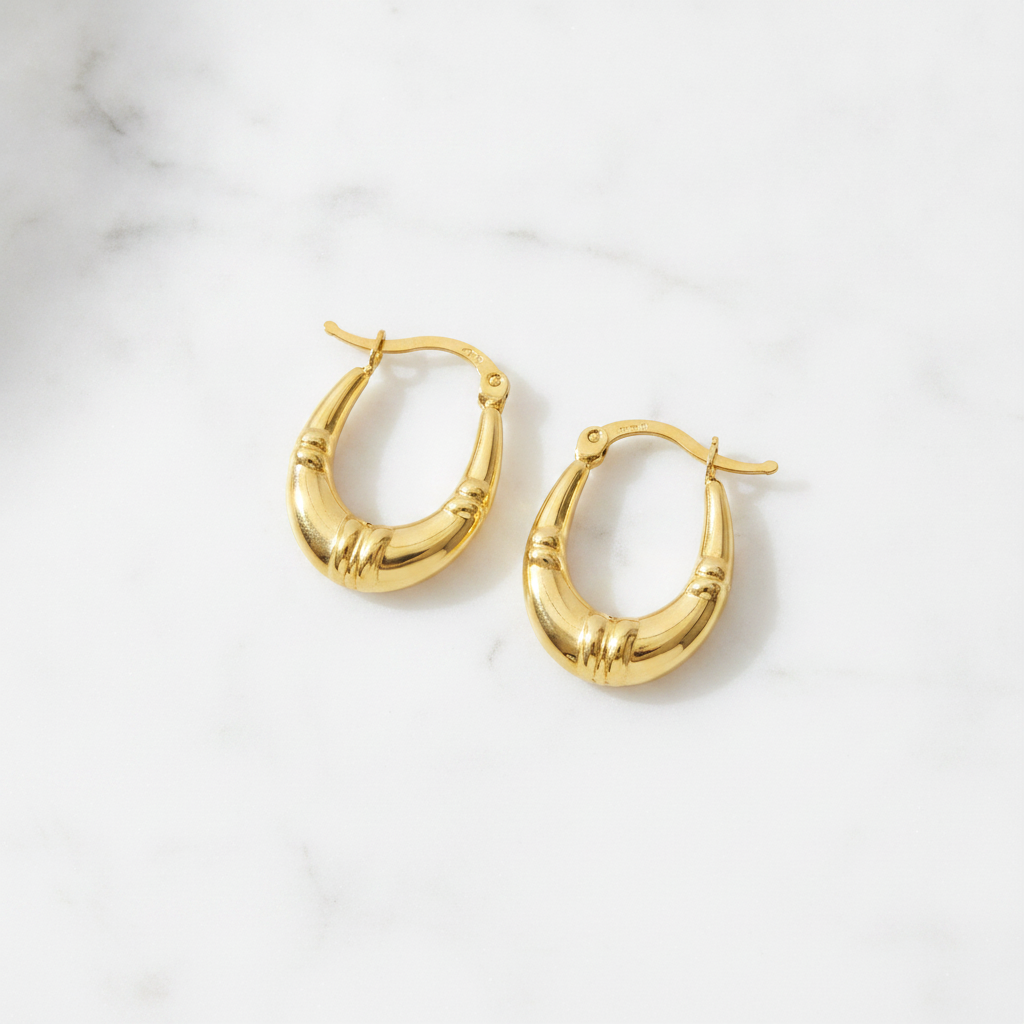 GER179. 14K Solid Gold Textured Hollow Hoops Earrings