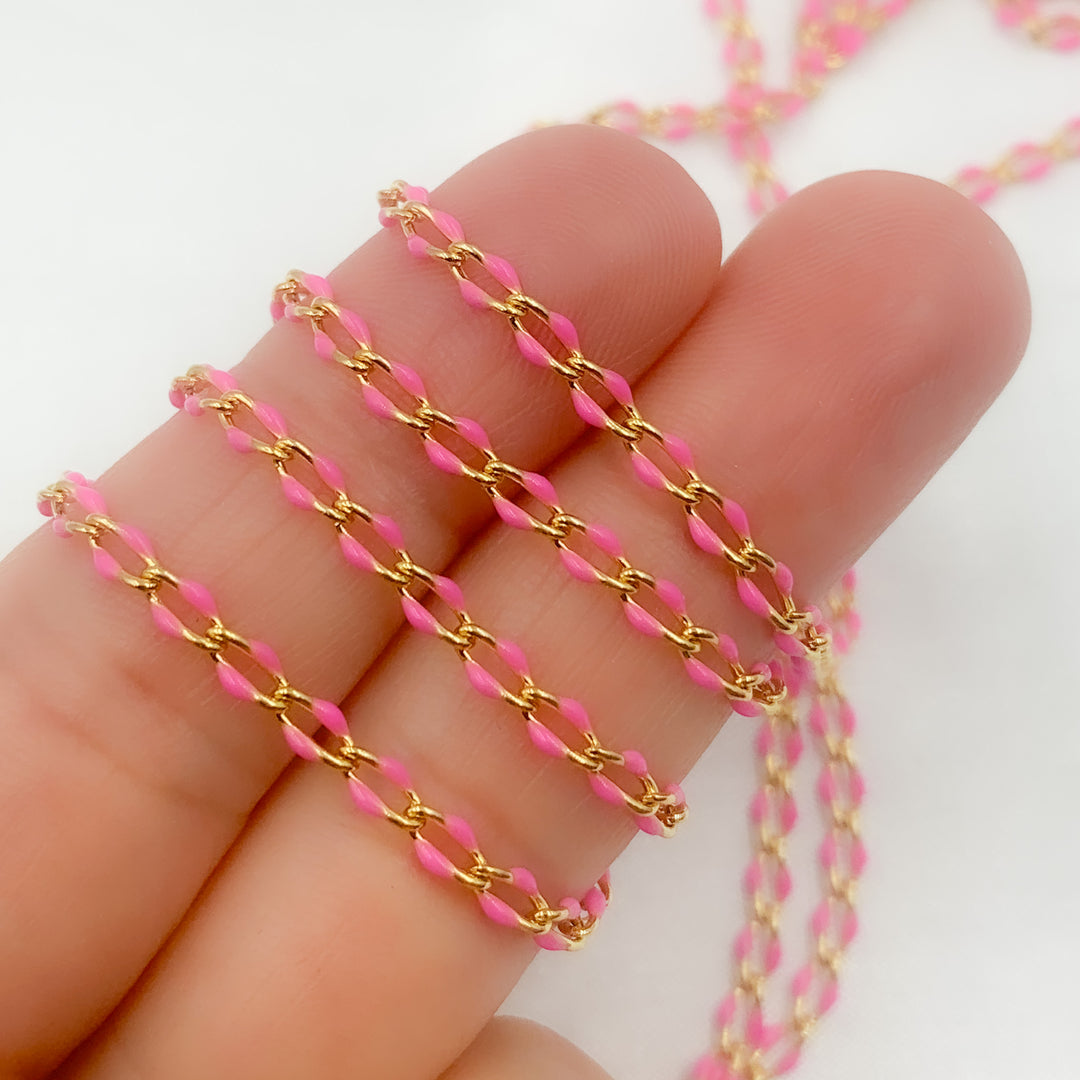 925 Sterling Silver Gold Plated Pink Enamel Cable Link Chain. V244PKGP
