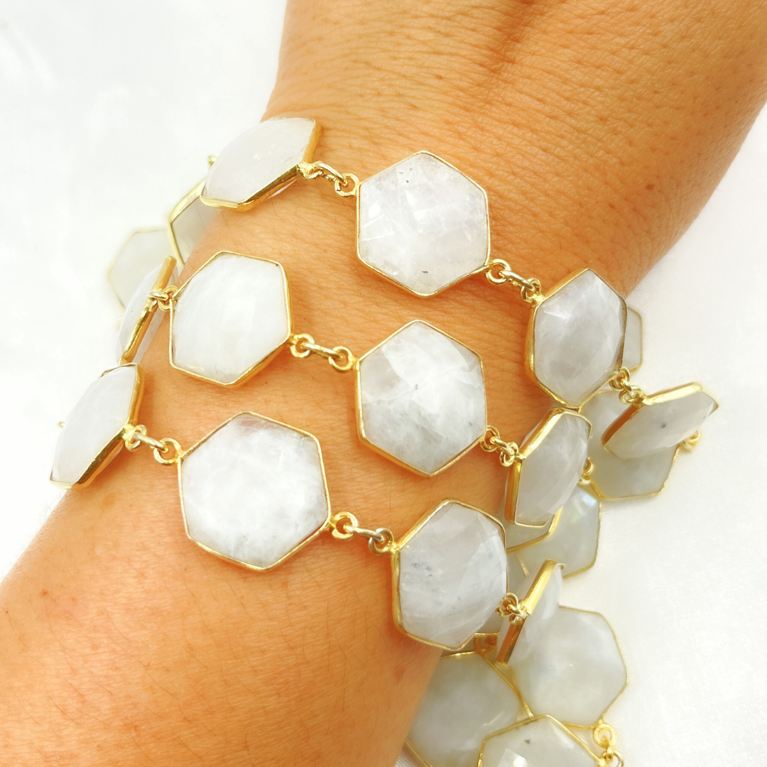 White Moonstone Hexagon Shape Bezel Gold Plated Wire Chain