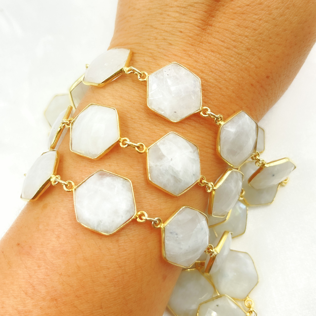 White Moonstone Hexagon Shape Bezel Gold Plated Wire Chain. WMS17