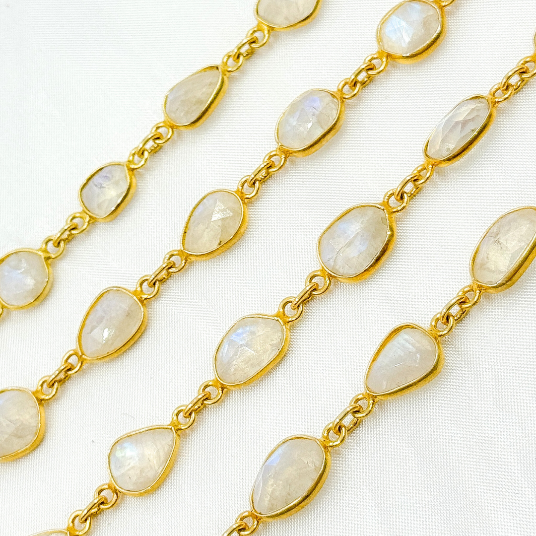White Moonstone Organic Shape Bezel Gold Plated Wire Chain.