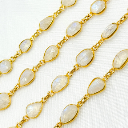 White Moonstone Organic Shape Bezel Gold Plated Wire Chain.