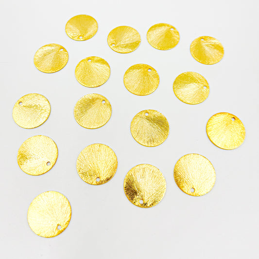 15MM Gold-plated sterling silver brushed round flat disc charm with a single hole