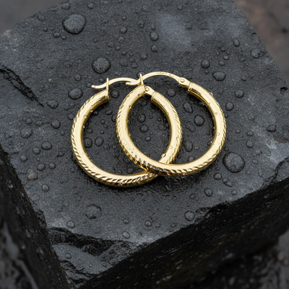 GER61. 14K Hollow Gold Diamond Cut Hoop Earrings