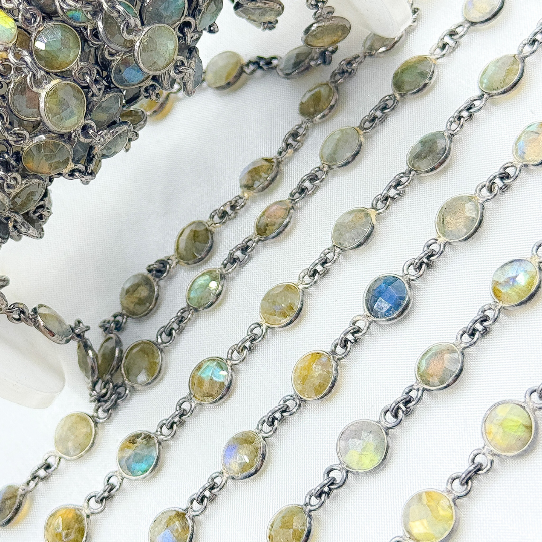 Labradorite Round Shape Bezel Oxidized 925 Sterling Silver Wire Chain.