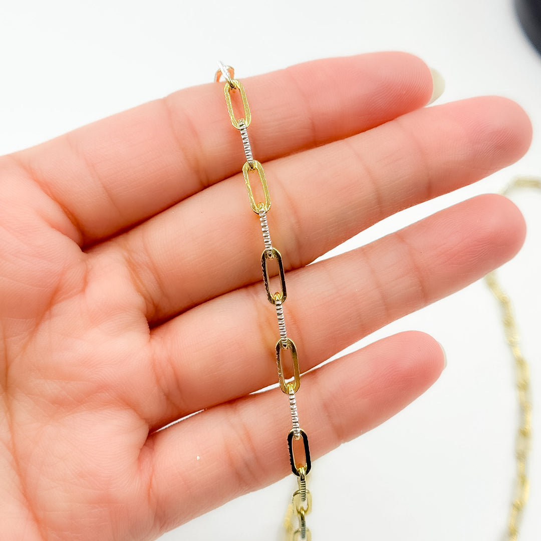 Z113GS. Two Tone Sterling Silver and Gold Plated Paperclip Textured Chain