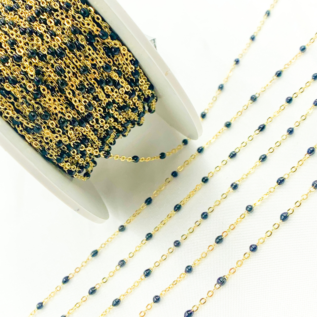 14K Solid Yellow Gold Enamel Black Color Cable Chain