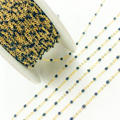 14K Solid Yellow Gold Enamel Black Color Cable Chain