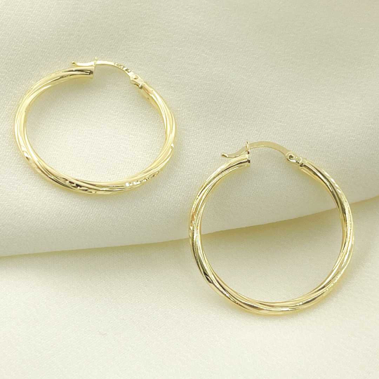 GER60. 14K Solid Gold Engraved Tornado Hollow Hoop Earrings
