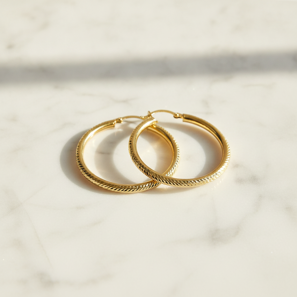 GER67. 14K Gold Hollow Hoop Earrings with Engraved Tornado Design
